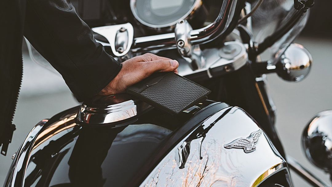ColdFire wallet on motorcycle tank, chrome details